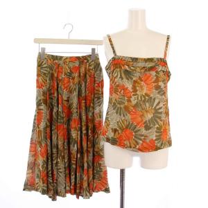 セットアップ 上下 キャミソール フレアスカート ロング 総柄 シルク 42 グレー オレンジ /BM