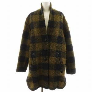 ノーカラーコート ミドル丈 チェック柄 ウール アウター 34 カーキ 黒 ブラック 78-08-76-08005