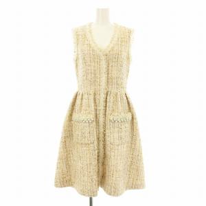 ワンピース フレア ミモレ ロング ノースリーブ ジップアップ ジレ ツイード ラメ糸 フェイクパール