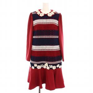 chay コサージュレースワンピース ひざ丈 フラワーモチーフ 刺繍 長袖 0 赤 紺 白 13W504