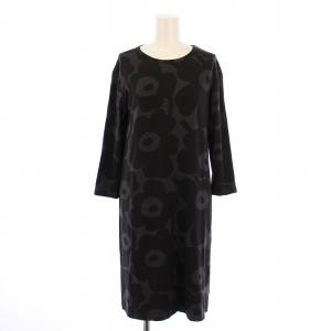 VARPU PIENI UNIKKO ワンピース ひざ丈 七分袖 クルーネック ストレッチ 花柄 S 黒