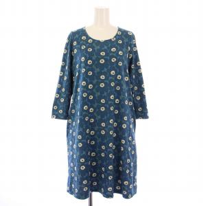 ARETTA UNIKKO ワンピース ひざ丈 七分袖 クルーネック 花柄 ストレッチ S 青 ブルー