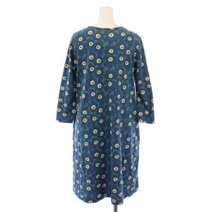 marimekko ARETTA UNIKKO ワンピース ひざ丈 七分袖 クルーネック 花柄 ストレッチ S 青 ブルー