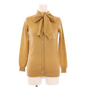 ニットカーディガン ボウタイ 長袖 クルーネック 薄手 ウール S 茶 ブラウン /BB