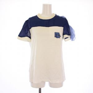 Tシャツ カットソー 半袖 クルーネック ロゴ フリル 切替 白 青 35984 /BM