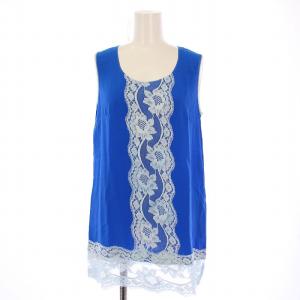 カットソー ノースリーブ クルーネック ストレッチ レース 切替 シルク 42 青 ブルー 水色 ライトブルー