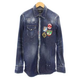 マルチワッペンデニムシャツ カジュアル 長袖 レギュラーカラー ロゴ ダメージ加工 USED加工 46