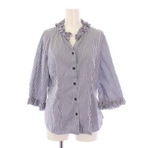 LADE STRIPE シャツ ブラウス 七分袖 スキッパー フリル ストライプ柄 F 青 ブルー /BB