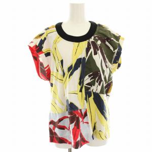 カットソー Tシャツ 総柄 フレンチスリーブ 42 白 ホワイト 黄色 イエロー カーキ 0000304575