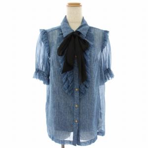 23AW デニム調プリントシフォンブラウス シャツ シアー リボン フリル 半袖 38 水色 ライトブルー