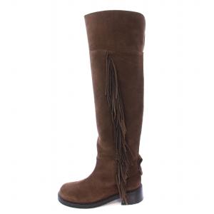 ロングブーツ ラウンドトゥ ローヒール スエード フリンジ 37 茶 ブラウン /BB