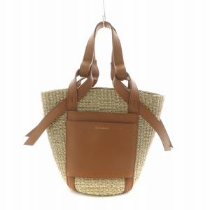 アバカ製 レザーポケット2WAYミニトート かごバッグ ハンドバッグ 本革 牛革 ベージュ ブラウン /NQ