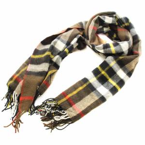 マフラー ストール 大判 フリンジ チェック柄 ウール 茶 ブラウン 70-190 /KU
