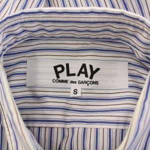 PLAY Comme des Garçons カジュアルシャツ 長袖 レギュラーカラー ロゴ ストライプ柄 S 白 ホワイト 青 ブルー /BB