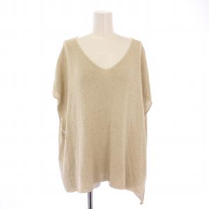 コットンリネンコイルヤーンニットベスト プルオーバー 半袖 Vネック 薄手 編み込み M ベージュ E241K133