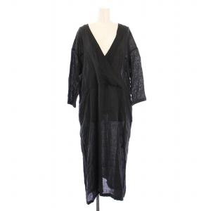 ワンピース ミモレ ロング 七分袖 Vネック 無地 麻 リネン F 黒 ブラック /BB