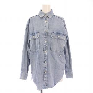 オーバーサイズデニムシャツ ブラウス 長袖 レギュラーカラー ウォッシュ加工 34 水色 ライトブルー