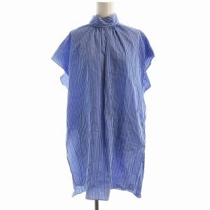 タグ付き コットンブロード スタンドカラーチュニックブラウス シャツ 長袖 ストライプ 36 青 ブルー
