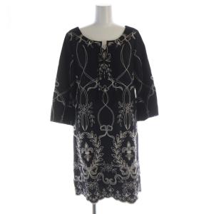 タグ付き ワンピース ひざ丈 刺繍 花モチーフ 七分袖 36 黒 ブラック 白 ホワイト 04021471