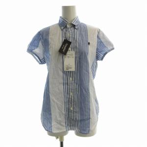 タグ付き フランダーズリネン パフスリーブ ボタンダウンシャツ ブラウス ストライプ 半袖 F 青 ブルー