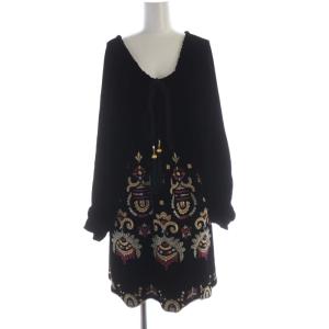 ワンピース ミニ 刺繍 総柄 ベロア ベルベット 長袖 36 黒 ブラック 09020131 /RO