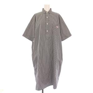 チェックコットンシャツワンピース ロング 半袖 ロゴ 36 黒 白 JD-3655 /BM