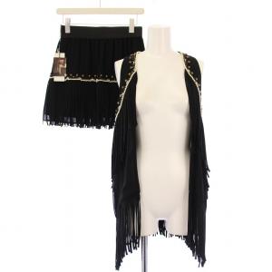 ジョーゼットフリンジベスト スカート セットアップ 前開きトッパー フレア イージー ミニ丈 ウエストゴム