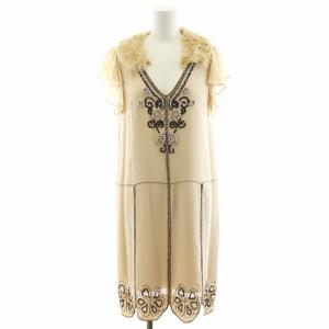ワンピース ひざ丈 フレンチスリーブ シルク 絹 ビーズ装飾 36 ベージュ 06010931 /AN37