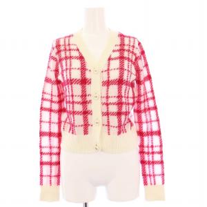 ニットカーディガン チェック I40 ホワイト ピンク 144G50AM140