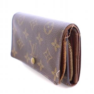 LOUIS VUITTON ポルトモネビエトレゾール モノグラム キャンバス 二つ折り財布 コンパクトウォレット ロゴ 総柄 茶 ブラウン
