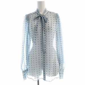 ボウタイブラウス シャツ 長袖 ドット リボン シルク XS 水色 ライトブルー 3410700154