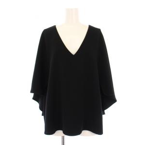 カットソー 半袖 Vネック ストレッチ 無地 フリル 38 黒 ブラック /BB