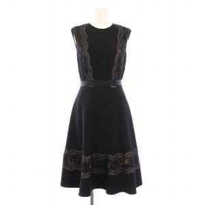 フィットフレアレース切替ドレス ワンピース ひざ丈 ノースリーブ クルーネック ストレッチ 0 黒 ブラック