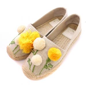 ローカットシューズ スリッポン ラウンドトゥ 厚底 キャンバス エスパドリーユ 切替 ポンポン ビーズ