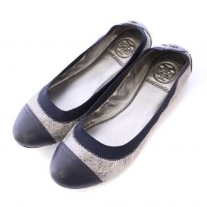 フラットシューズ パンプス ラウンドトゥ レザー 切替 ロゴ 6.5M 紺 ネイビー シルバーカラー /BB
