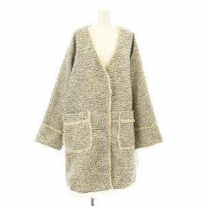 22AW ツイードハーフコート ノーカラー ミドル丈 フリンジ F ベージュ 黒 ブラック 6002221013