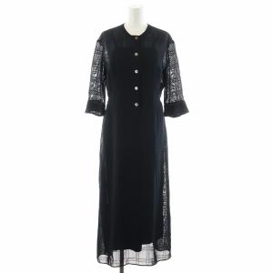 23SS レノウェーブ ブロックチェックロングワンピース 5分袖 36 紺 ネイビー 35-06-32-06403