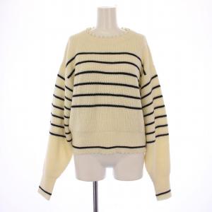 22AW ウールアクリルパール付き畦プルオーバー ニット セーター 長袖 ボーダー柄 F 白 黒 22080900522040