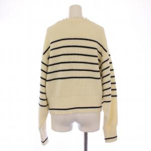 IENA 22AW ウールアクリルパール付き畦プルオーバー ニット セーター 長袖 ボーダー柄 F 白 黒 22080900522040