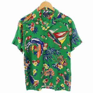 CLASSIC FIT アロハシャツ オープンカラー 半袖 ロゴ 総柄 S 緑 グリーン マルチカラー