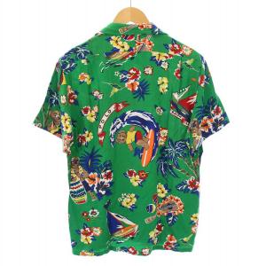 POLO RALPH LAUREN CLASSIC FIT アロハシャツ オープンカラー 半袖 ロゴ 総柄 S 緑 グリーン マルチカラー