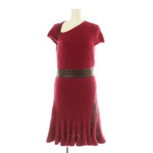 ニット ワンピース シャギー 起毛 レザー装飾 イタリア製 M レッド /MY OS