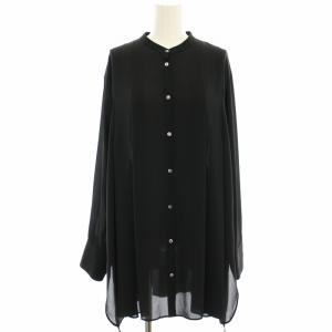 バックプリーツロングシャツ ノーカラーシャツ ブラウス シアー 長袖 黒 ブラック 21050400704130