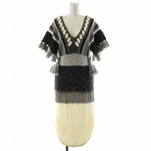 フリンジニットワンピース ロング丈 半袖 2 グレー アイボリー 黒 ブラック MM17SS-KN034