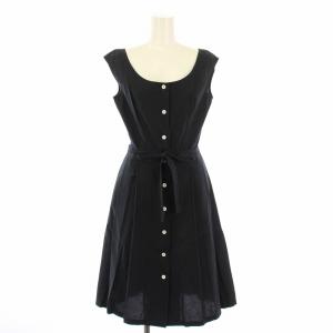 フレアワンピース ひざ丈 ノースリーブ クルーネック フロントボタン ウエストリボン 紺 ネイビー /BB