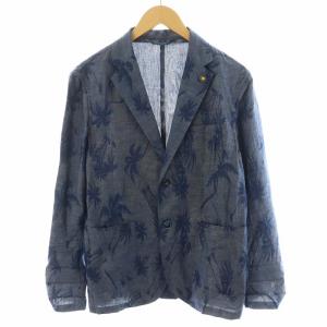 テーラードジャケット シングル 植物柄 麻 リネン混 46 紺 ネイビー /AN33