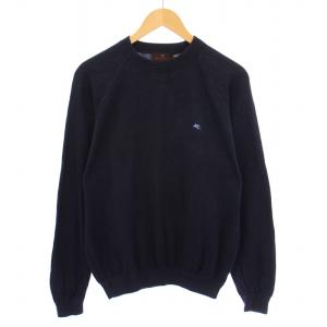 ニット セーター 長袖 クルーネック ロゴ 刺繍 ワンポイント ストレッチ 薄手 無地 M 紺 ネイビー