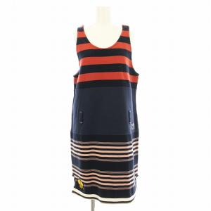 COMMESSA ワンピース ひざ丈 ノースリーブ ボーダー柄 ワッペン 40 紺 ネイビー 赤 レッド