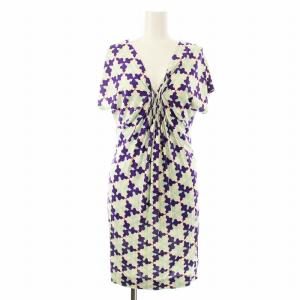 ロングワンピース 膝丈 フレア 半袖 総柄 ギャザー シルク 0 白 紫 水色 404-142503 /OR