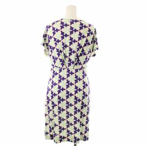 DIANE von FURSTENBERG ロングワンピース 膝丈 フレア 半袖 総柄 ギャザー シルク 0 白 紫 水色 404-142503 /OR